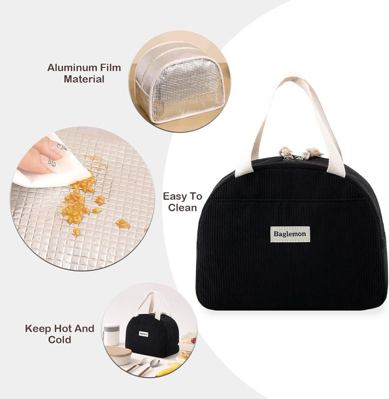 Baglemon Lunch Bag for Women Men Cute Corduroy Lunch Tote Bags Reusable Insulated Lunch Box Large Capacity Reusable Insulated Cooler for Work/Picnic/Travel - Image 3